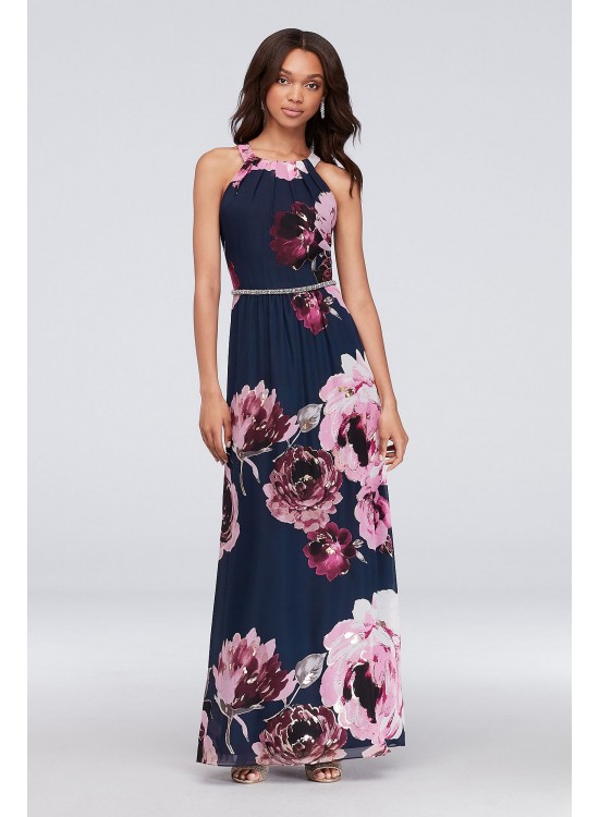 Floral Print Chiffon Halter Dress with Beaded Belt SL Fashions 9171244