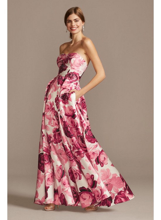 Floral Print Strapless Satin Gown with Pockets Speechless X39602DQA62