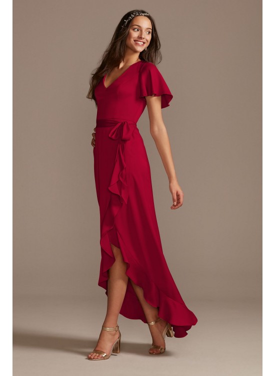 Flutter Sleeve Crepe Satin Ruffle Bridesmaid Dress  F20209