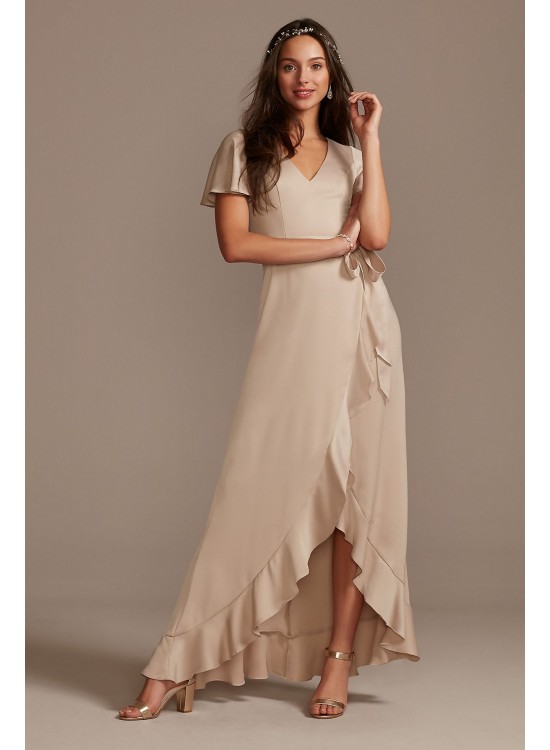 Flutter Sleeve Crepe Satin Ruffle Bridesmaid Dress  F20209