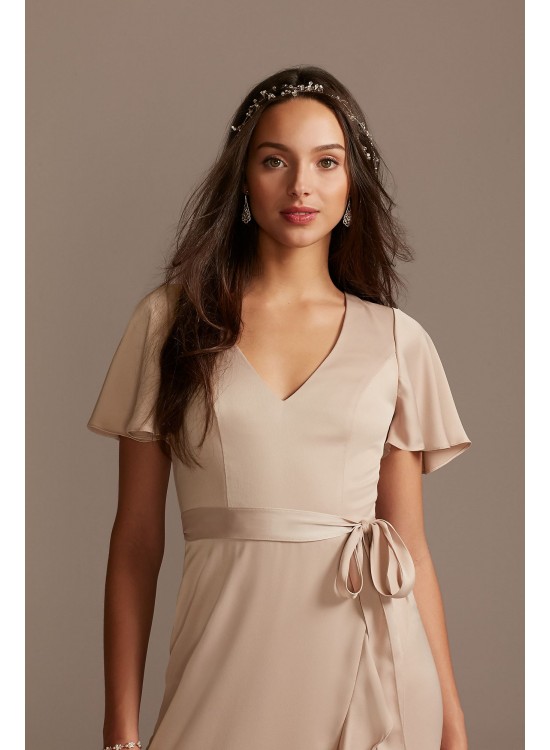 Flutter Sleeve Crepe Satin Ruffle Bridesmaid Dress  F20209