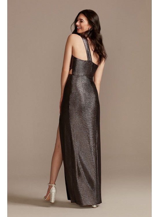 Foiled Metallic One-Shoulder Dress with Slit Aidan Maddox MN1E205039