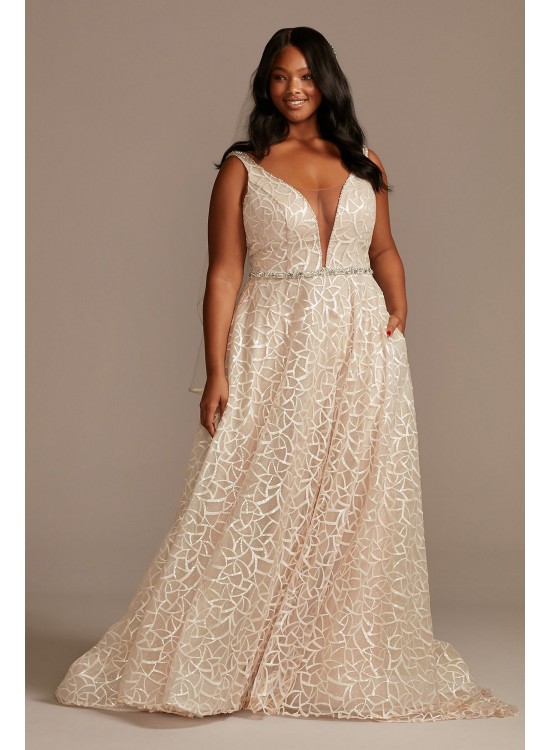 Geometric Sequin Plunge Plus Size Wedding Dress  9SWG863