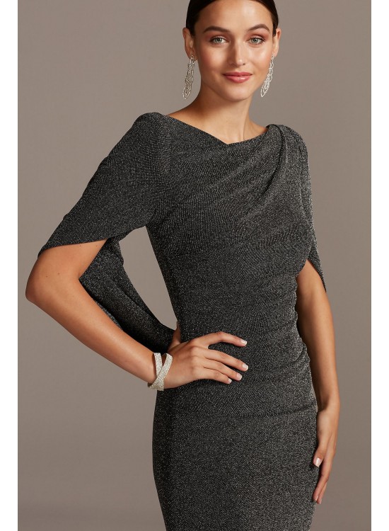 Glitter Accent Drape Sleeve Stretch Sheath Dress Betsy and Adam A21447