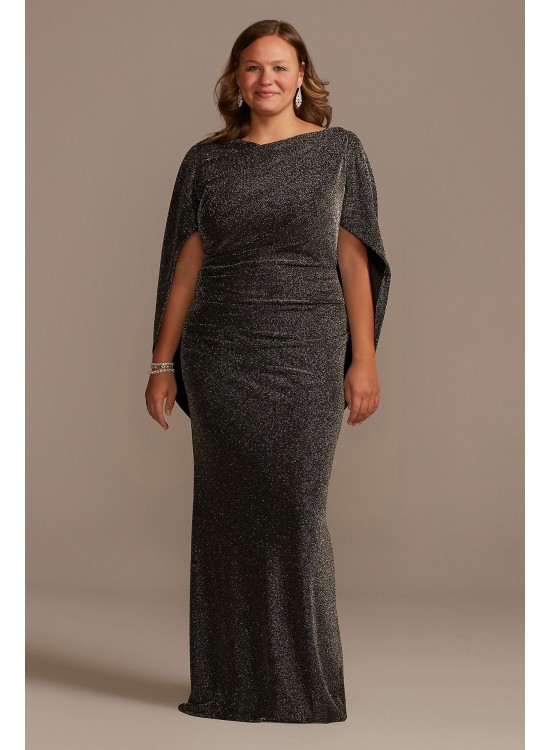 Glitter Drape Sleeve Stretch Plus Size Sheath Betsy and Adam A21447W