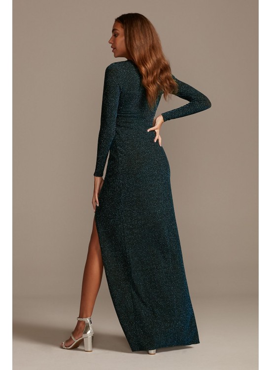 Glitter Knit Long Sleeve V-Neck Dress with Ruching Emerald Sundae AAS4281014