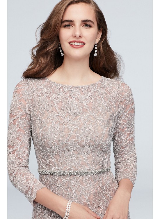 Glitter Lace 3/4-Sleeve Cocktail Dress with Belt Cachet 60427D