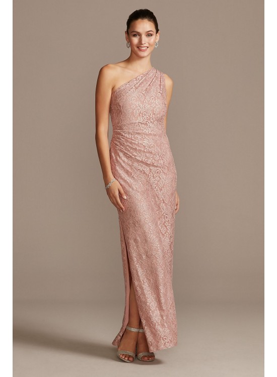 Glitter Lace One Shoulder Gown with Side Slit Marina 264447D