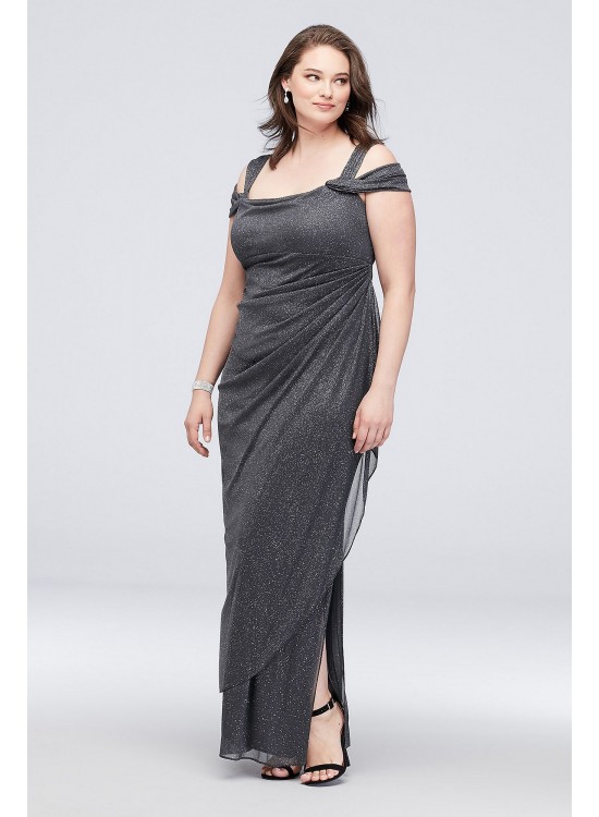 Glitter Mesh Cowlneck Plus Size Dress with Ruching Alex Evenings 433026