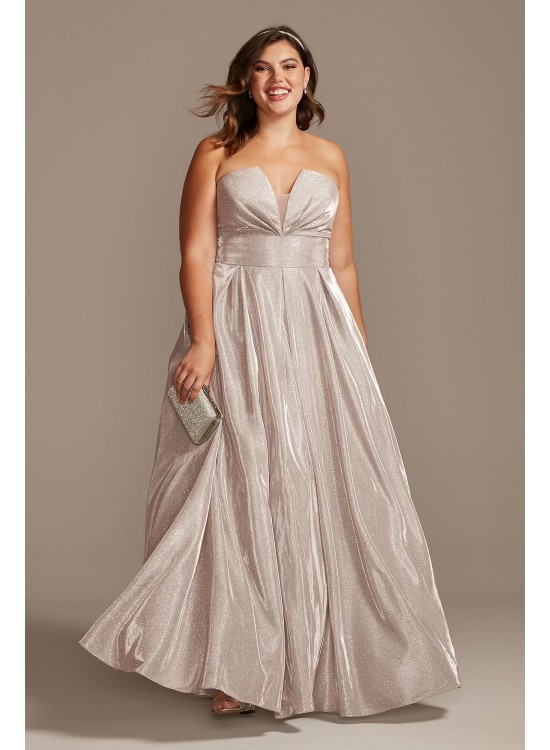 Glitter Strapless Plus Size Gown with Plunge Betsy and Adam A23053W