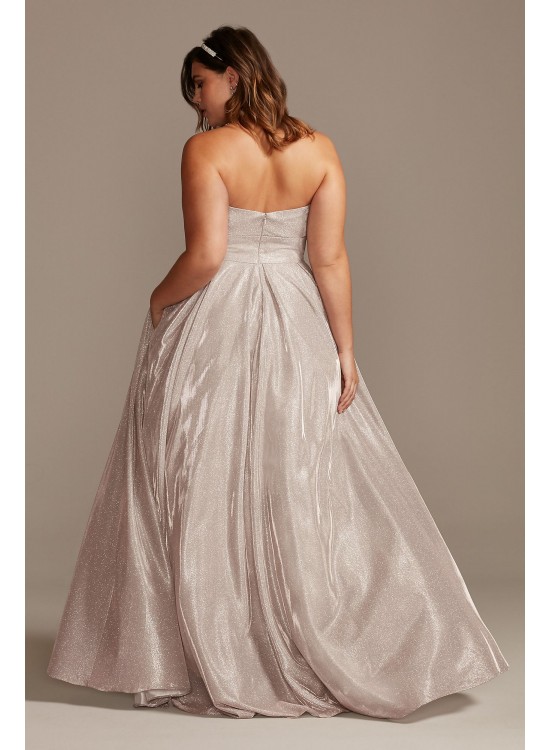 Glitter Strapless Plus Size Gown with Plunge Betsy and Adam A23053W