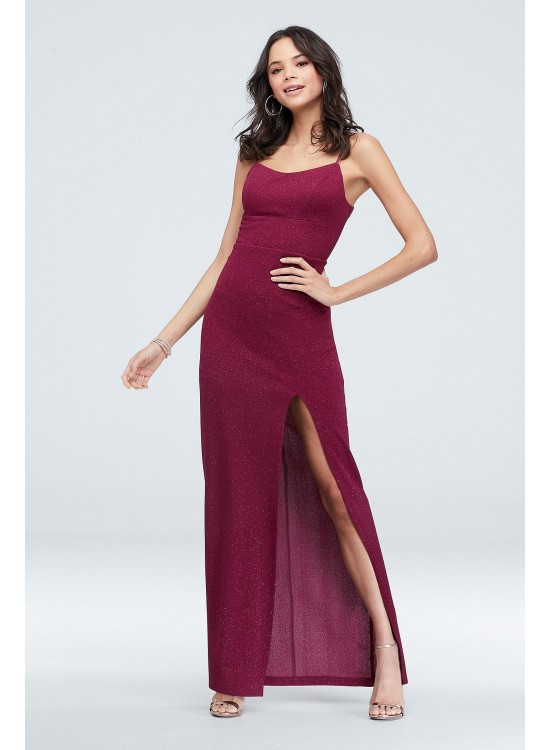 Glitter Stretch-Knit Lace-Up Gown with Slit Skirt Teeze Me N125907