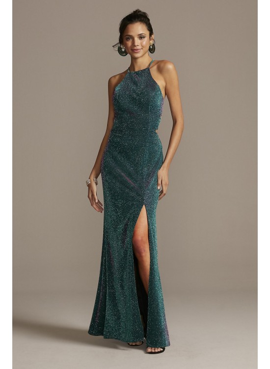 Glittery High Neck Mermaid Gown with Lace-Up Back Morgan and Co 12720