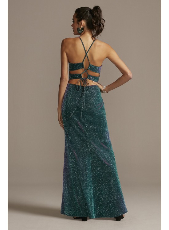 Glittery High Neck Mermaid Gown with Lace-Up Back Morgan and Co 12720