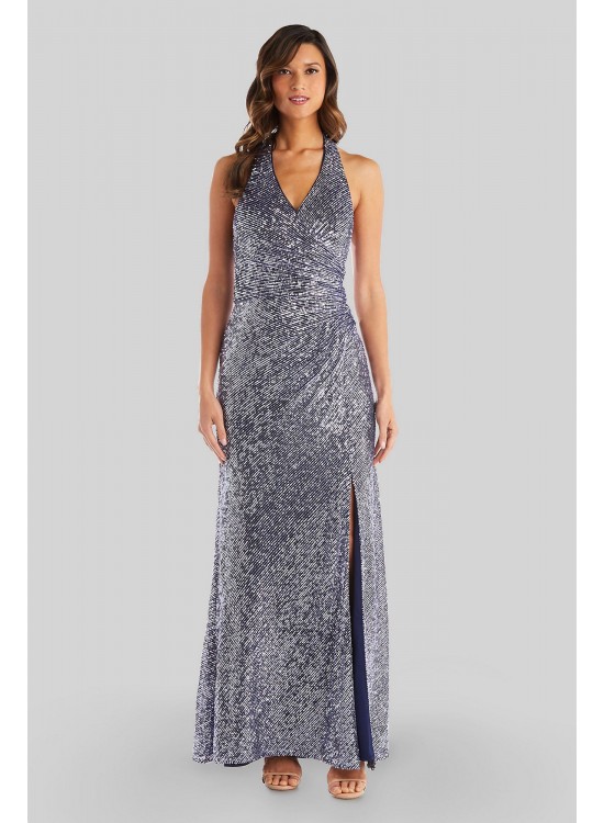 Halter Sequin Dress with Slit and Side Ruching Morgan and Co 12779D