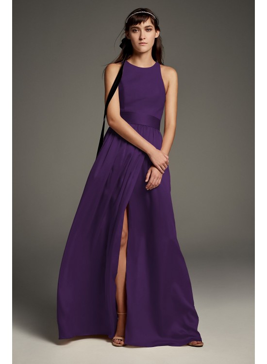 High-Neck Crepe Halter Bridesmaid Gown with Sash  VW360463