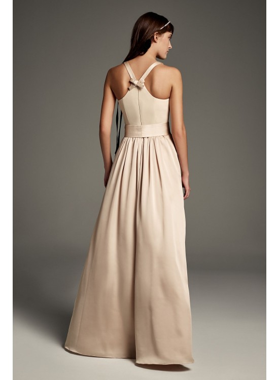 High-Neck Crepe Halter Bridesmaid Gown with Sash  VW360463