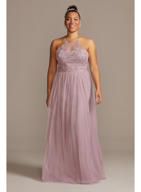 High-Neck Embroidered Soft Net Bridesmaid Dress  F20118