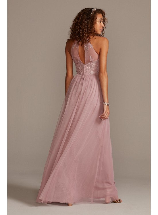 High-Neck Embroidered Soft Net Bridesmaid Dress  F20118