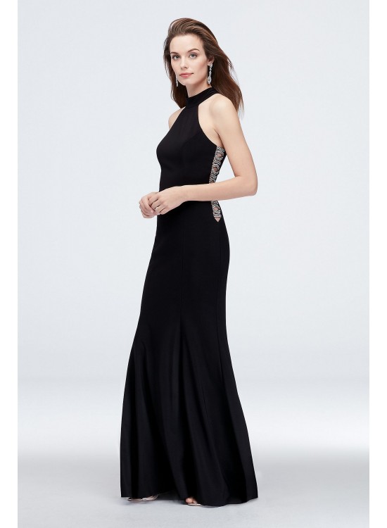 High-Neck Jersey Sheath Dress with Beaded Cutouts Xscape 1554X