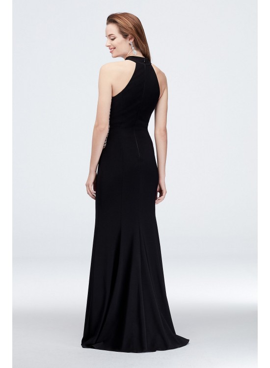 High-Neck Jersey Sheath Dress with Beaded Cutouts Xscape 1554X