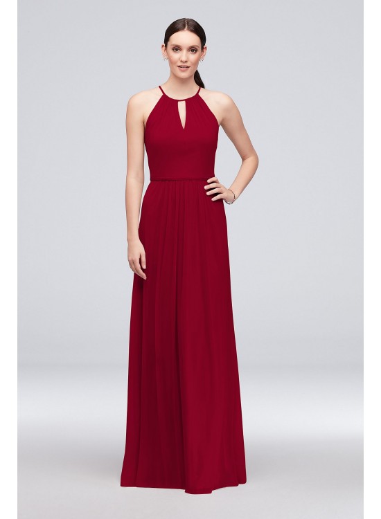 High-Neck Long Mesh Bridesmaid Dress with Keyhole  F19888