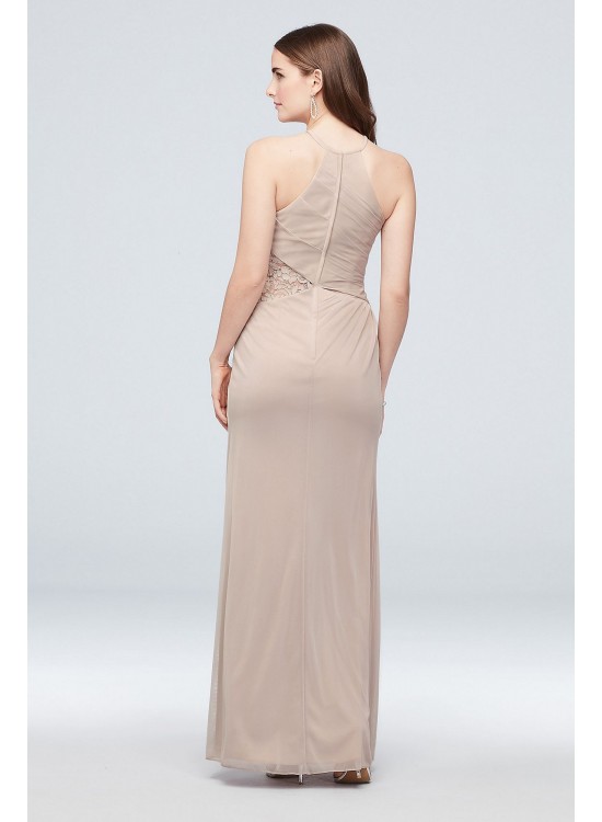 High-Neck Mesh Bridesmaid Dress with Lace Inset  F19985