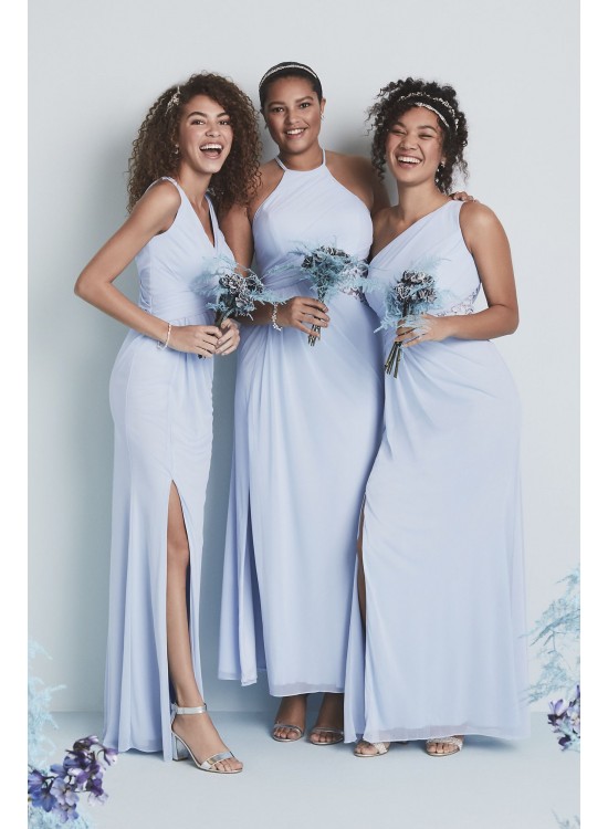 High-Neck Mesh Bridesmaid Dress with Lace Inset  F19985