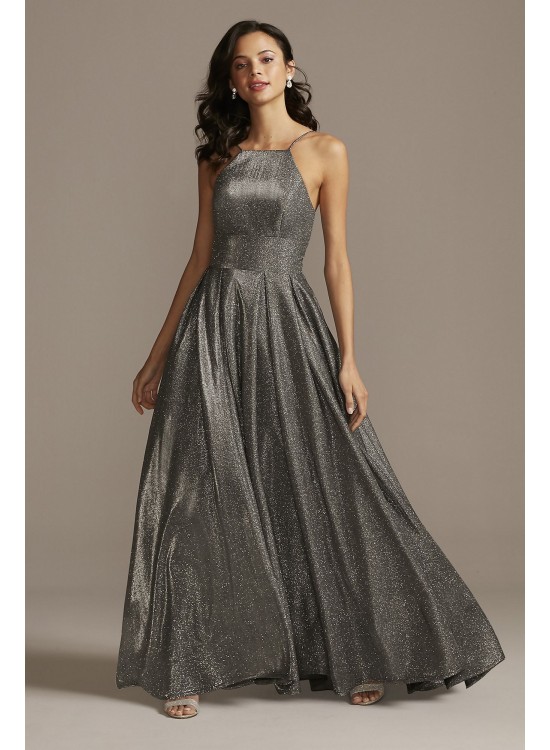 High Neck Metallic Ball Gown with High Low Hem Betsy and Adam A23281