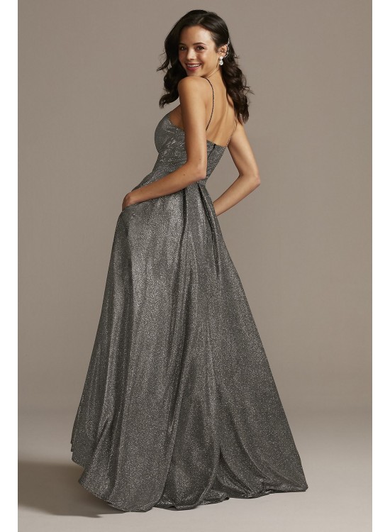 High Neck Metallic Ball Gown with High Low Hem Betsy and Adam A23281