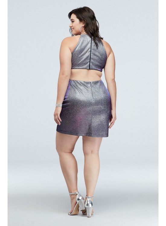 High-Neck Metallic Plus Size Dress with Cutout Morgan and Co 12715W