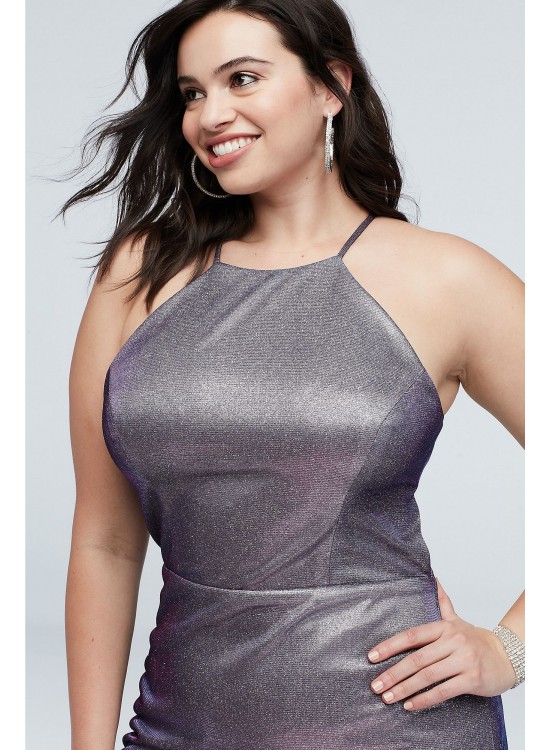 High-Neck Metallic Plus Size Dress with Cutout Morgan and Co 12715W