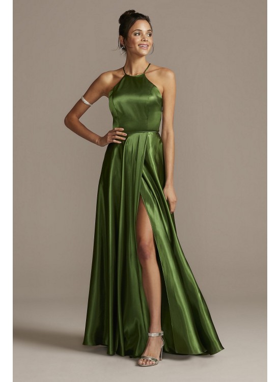 High Neck Satin Slit Gown with Pockets Blondie Nites 1160BN