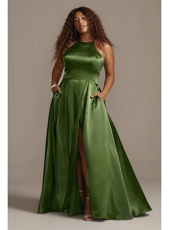 High Neck Satin Slit Plus Size Gown with Pockets Blondie Nites 1160BNW