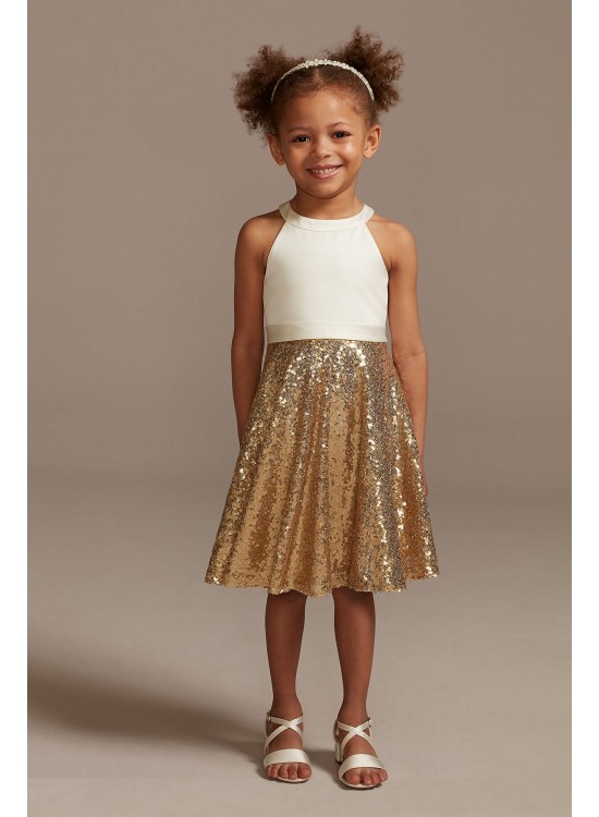 High Neck Sequin Skirt Flower Girl Dress with Bow  WG1409