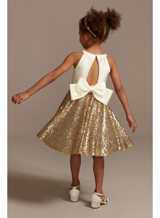 High Neck Sequin Skirt Flower Girl Dress with Bow  WG1409