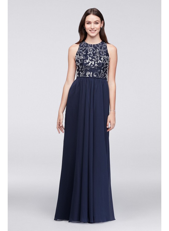 High Neck Sequined Lace and Chiffon Dress  F19452