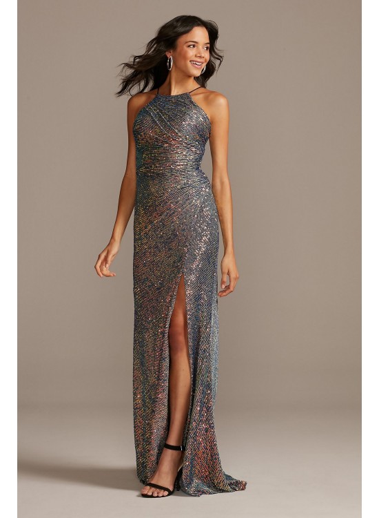 High Neck Side Ruched Sequin Dress with Slit Night Studio 2243