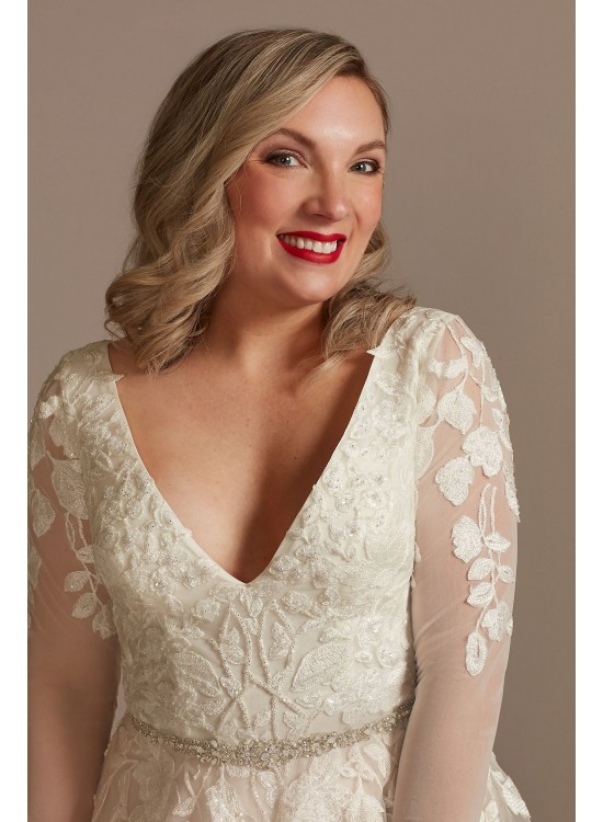 Illusion Long Sleeve Applique Plunge Wedding Dress  LBSWG820