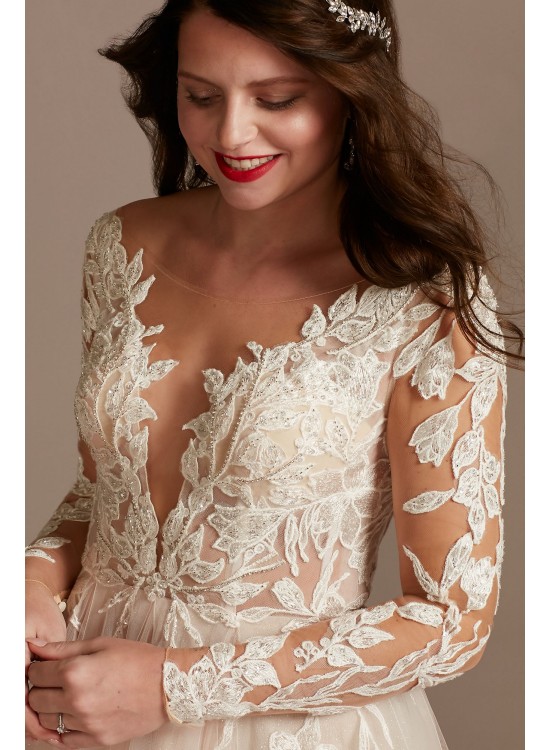 Illusion Long Sleeve Lace Appliqued Wedding Dress  SLSWG862