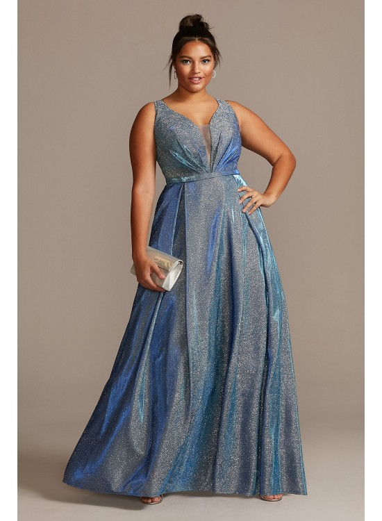 Illusion Plunge Iridescent Metallic Plus Size Gown  WBMLC19001W