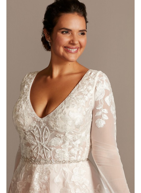 Illusion Sleeve Plunging Plus Size Wedding Dress  9SWG820