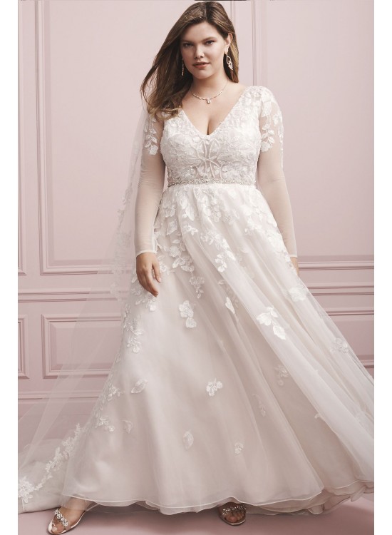 Illusion Sleeve Plunging Plus Size Wedding Dress  9SWG820