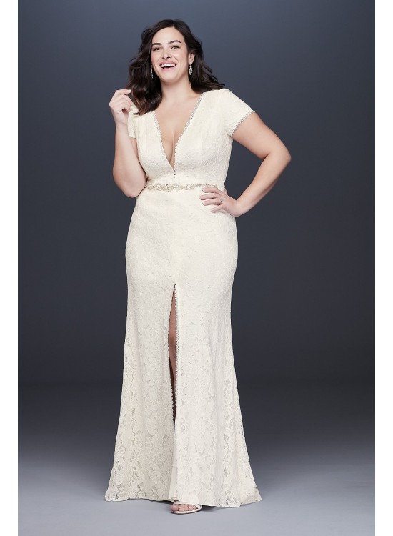 Illusion V-Neck Cap Sleeve Plus Size Wedding Dress Galina 9WG3951