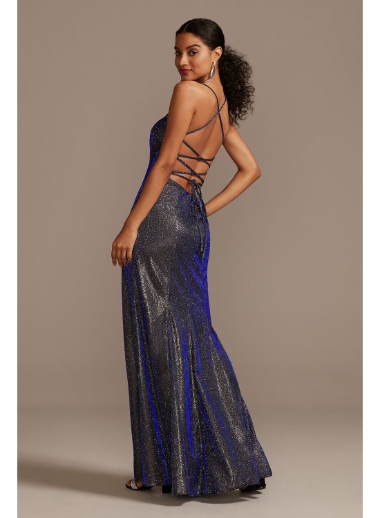 Iridescent Metallic Glitter Spaghetti Strap Gown  WBM1783