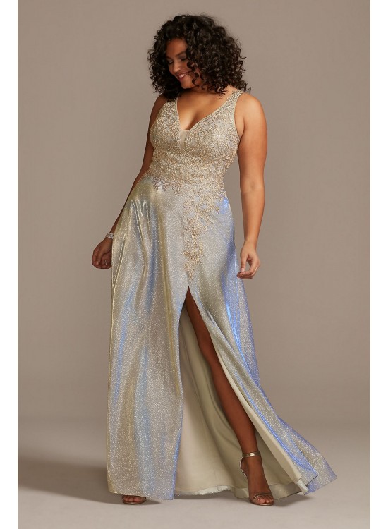 Iridescent Metallic Plus Size Gown with Applique Xscape 3242XW