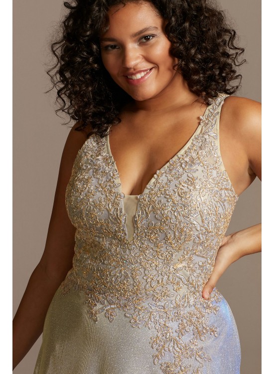 Iridescent Metallic Plus Size Gown with Applique Xscape 3242XW