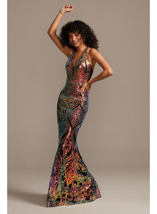 Iridescent Sequin Brocade Illusion Plunge Dress Night Studio S20042