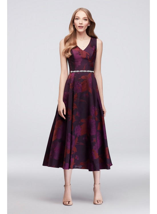 Jacquard V-Neck Tea-Length Bridesmaid Dress  OC290027J