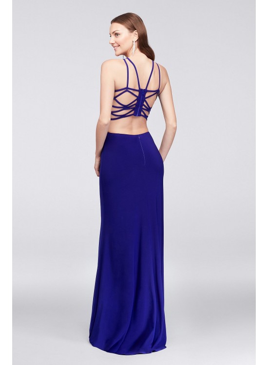 Jersey Gown with Strappy Open Back and High-Neck Morgan and Co 12489